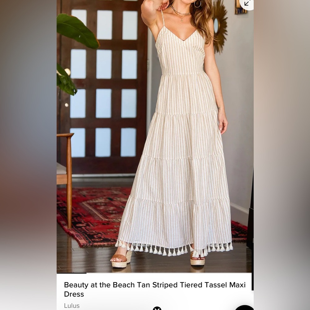 Lulu's Beauty At The Beach Tan Striped Tiered Tassel Maxi Dress